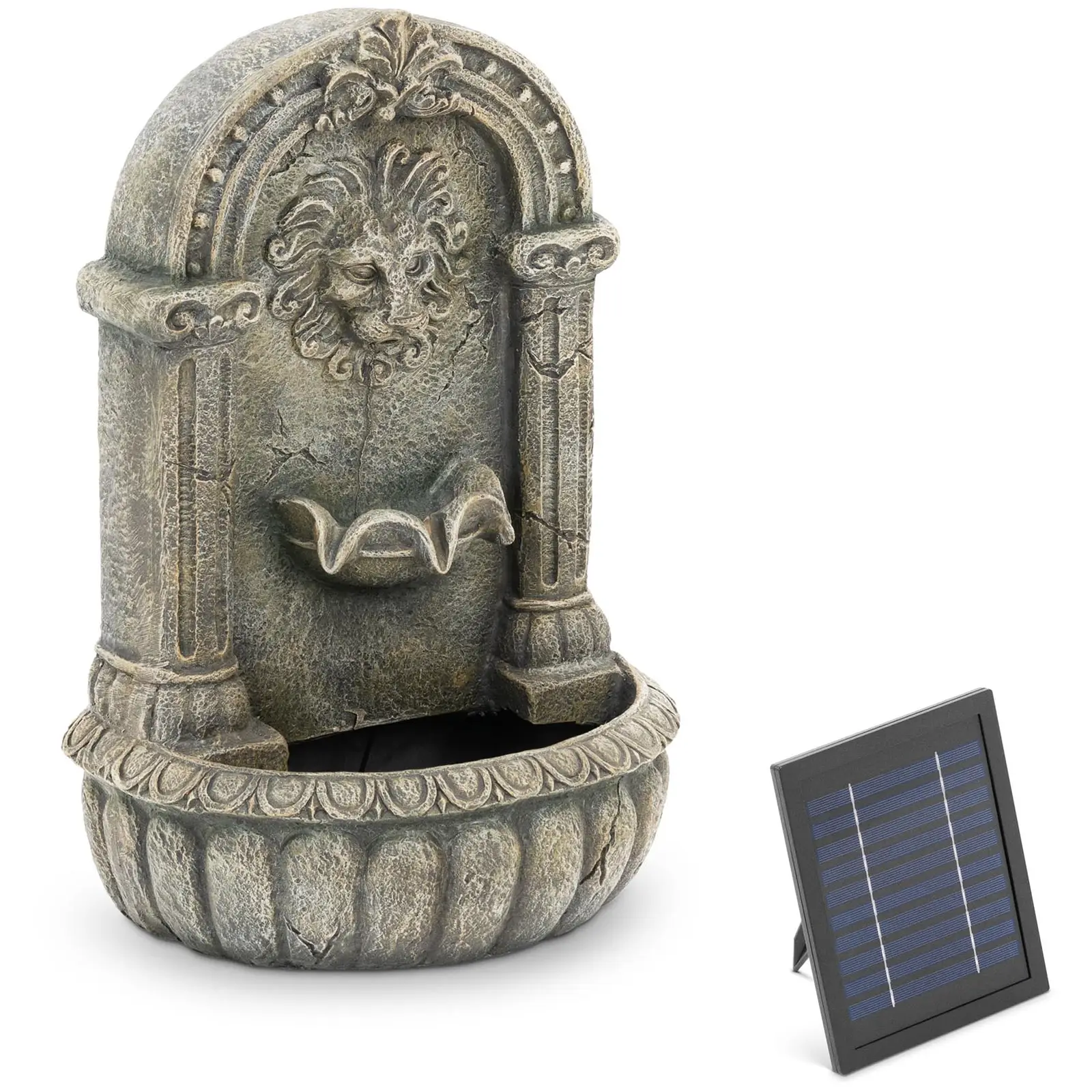 Solar Gartenbrunnen - speiender Löwenkopf an verziertem Becken - LED-Beleuchtung