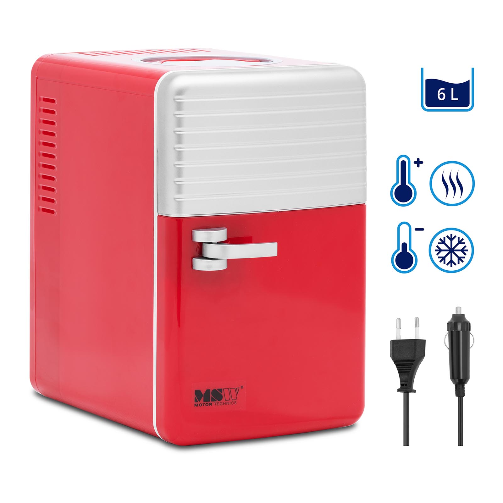 Mini-Kühlschrank 12 V / 230 V - 2-in-1-Gerät mit Warmhaltefunktion - 6 L - Rot/silbern